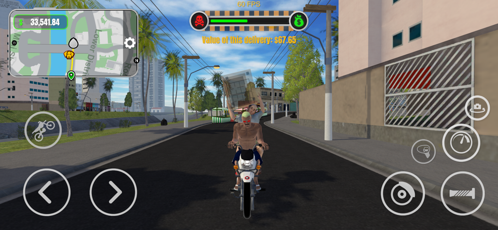 Motovlog Crazy Delivery Online - Gameplay screenshot of a motorcycle delivery simulation in an open world city showing a bike and game UI