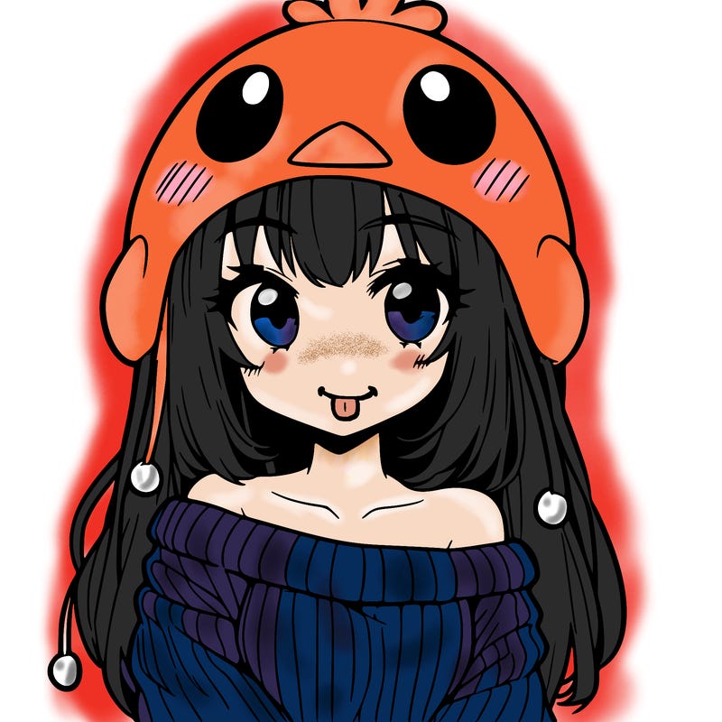 anime girl with chick shaped hat with sweater with bare shoulders with bangs covering them one eye with low tail