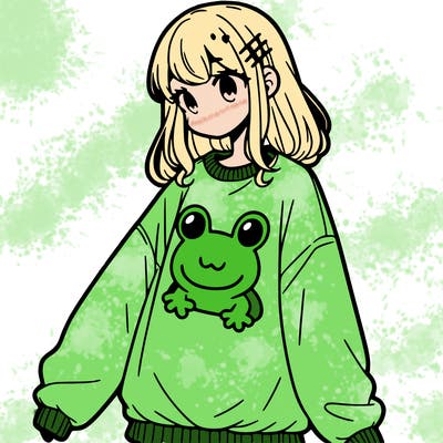 girl wearing frogging sweatshirt