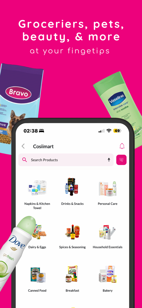 delco: Grocery, Food & More - Pantalla de teléfono inteligente que muestra la aplicación de Delco con varias categorías de comestibles y artículos para el hogar