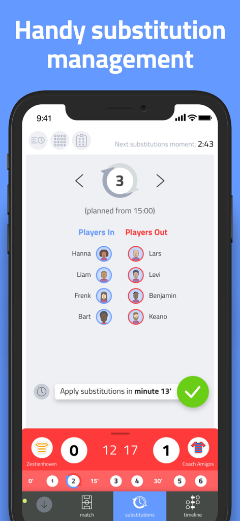 Interface de l'application Coach Amigo montrant une gestion pratique des remplacements avec une liste de joueurs entrant et sortant du match