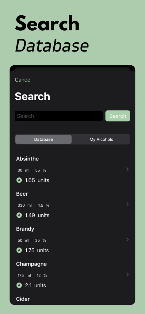 Datenbank-Suchbildschirm in Alcohol Tracker Plus, der Getränke-Einheiten und ABV anzeigt