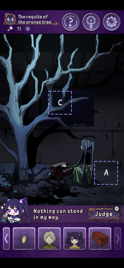 Un niveau de puzzle d'horreur d'anime sombre montrant des fragments de personnages et un arbre mystérieux dans Miss Perfect Miss Ending.