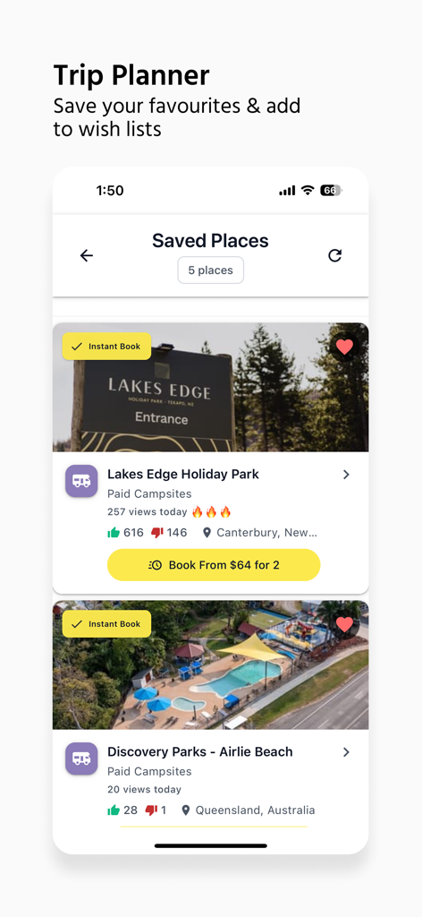 CamperMate Australia & NZ - CamperMateアプリのトリッププランナー画面。オーストラリアとニュージーランドの保存されたキャンプ場を表示しています。
