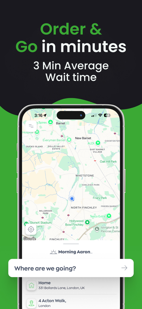Abetta - Rides & Couriers - Abetta ride booking app showing a map of North London with a three minute average wait time
