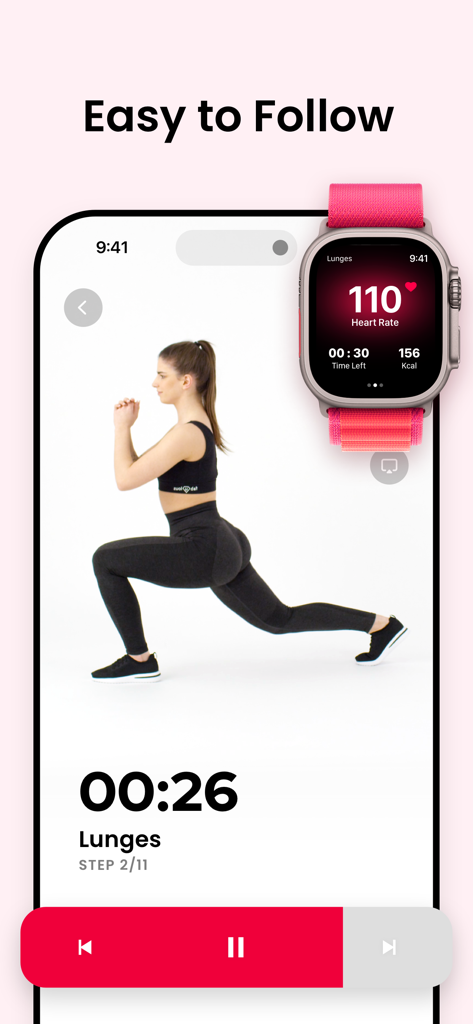 A woman performing lunges on the JustFit app with integrated Apple Watch heart rate tracking.