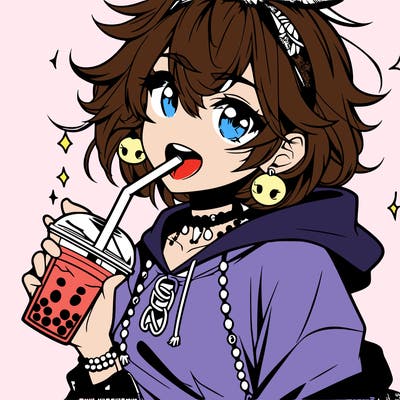 hot baddie anime girl drinking boba and biting the straw