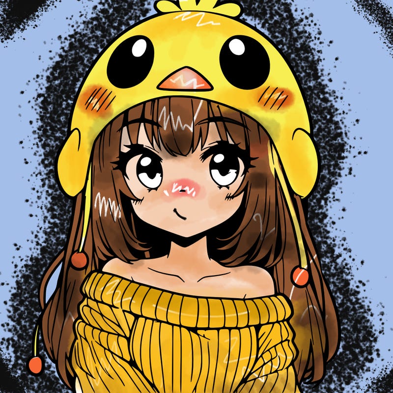 anime girl with chick shaped hat with sweater with bare shoulders with bangs covering them one eye with low tail