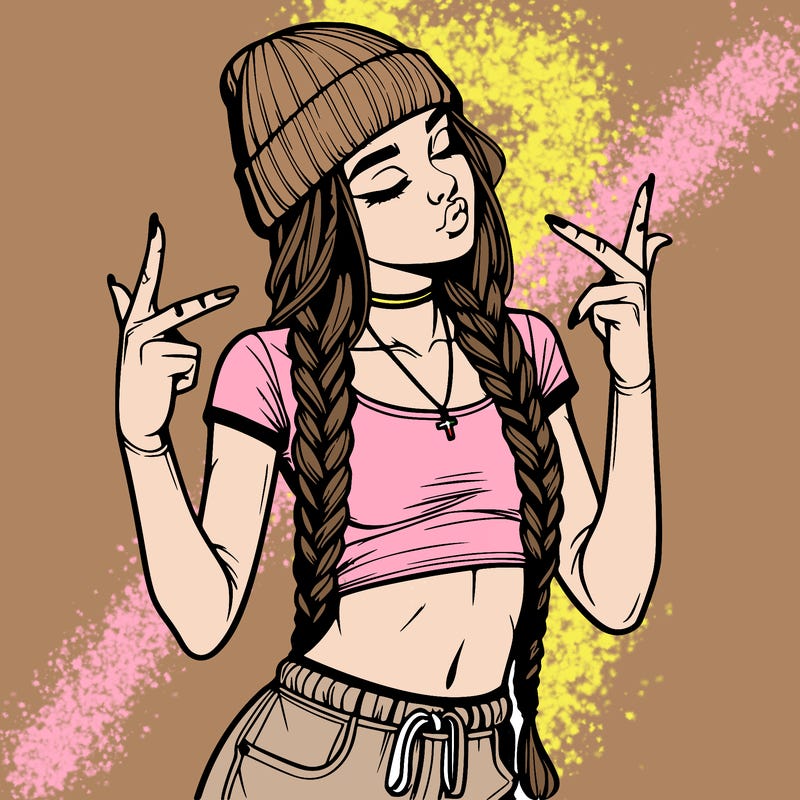 realistic teenage girl with braids and a beanie and crop top doing 🫶🏼