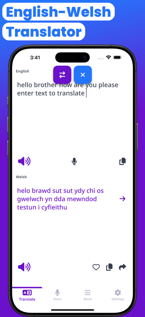 Mobile app interface for translating English text to Welsh featuring voice and audio icons