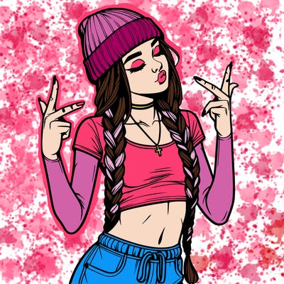 realistic teenage girl with braids and a beanie and crop top doing 🫶🏼