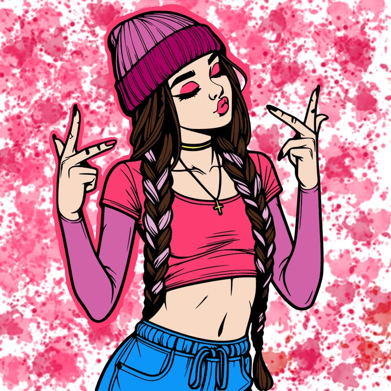 realistic teenage girl with braids and a beanie and crop top doing 🫶🏼