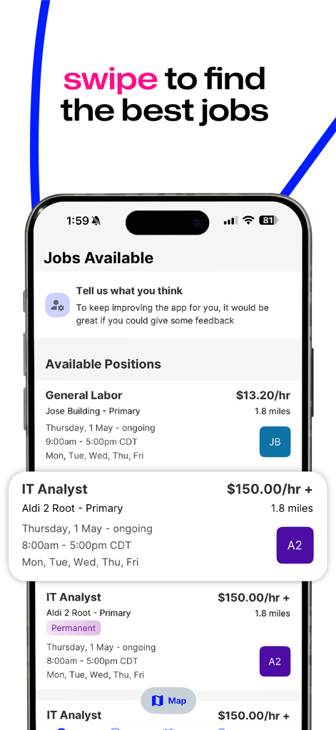 A mobile phone screen displaying available job listings including General Labor and IT Analyst positions with hourly rates and locations