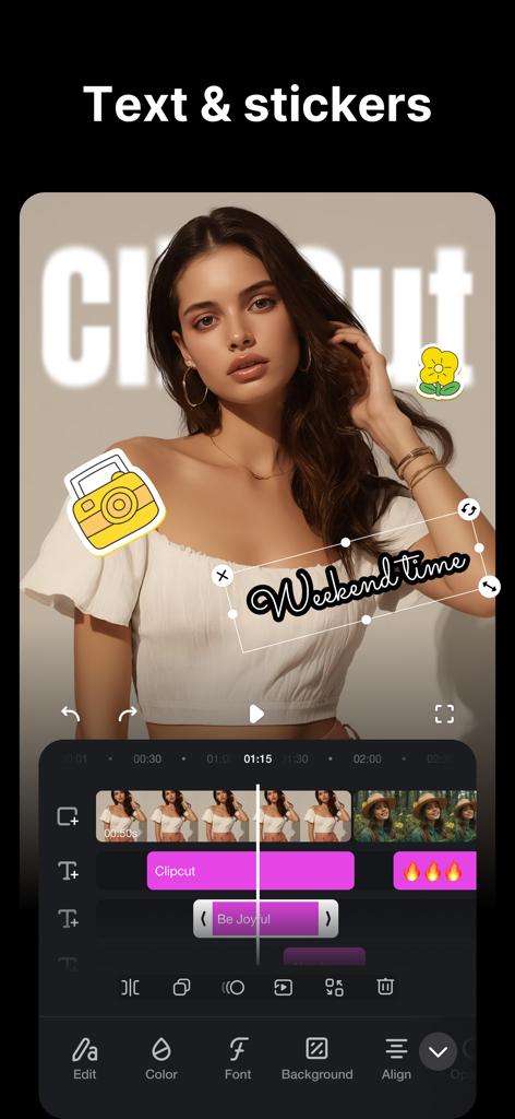 TrimCut - Video Editor - Interface do aplicativo TrimCut mostrando edição de vídeo com sobreposições de texto e adesivos.