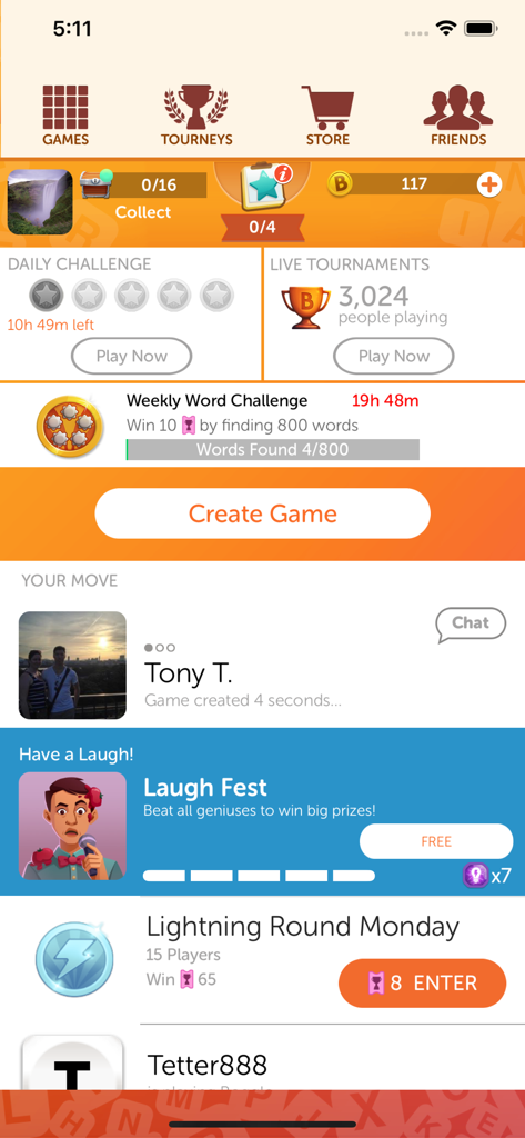 Boggle With Friends app dashboard featuring daily challenges and active social games