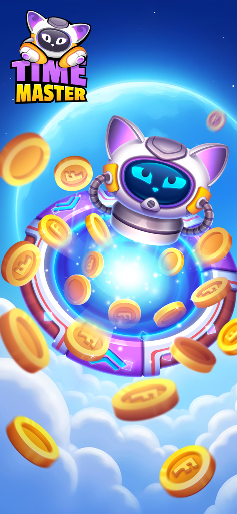 Futuristic cat robot and gold coins in Time Master game portal