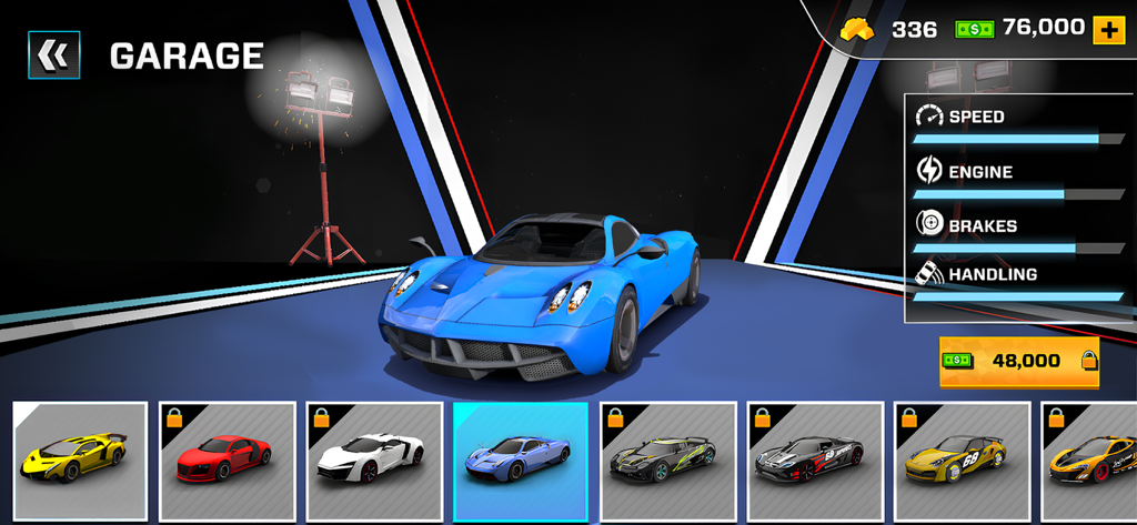 Mega Crashes - Car Crash Games - Garage menu in Mega Crashes game showing a blue sports car and vehicle stats