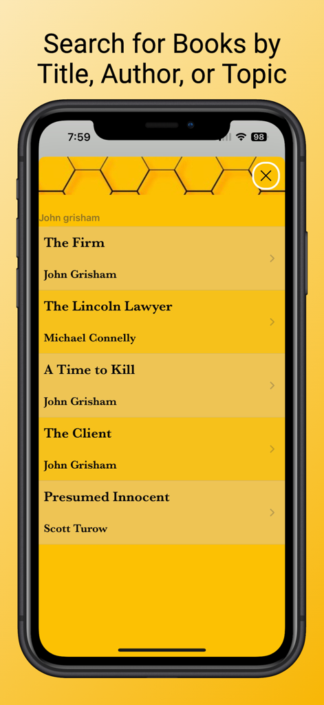 Book Buddy: Book Search - Screenshot of Book Buddy app showing search results for books by title and author on a yellow themed interface