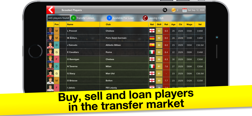 Soccer Boss: Football Game - Interfaz del juego móvil que muestra una lista de jugadores de fútbol ojeados en el mercado de fichajes con estadísticas y valores de mercado
