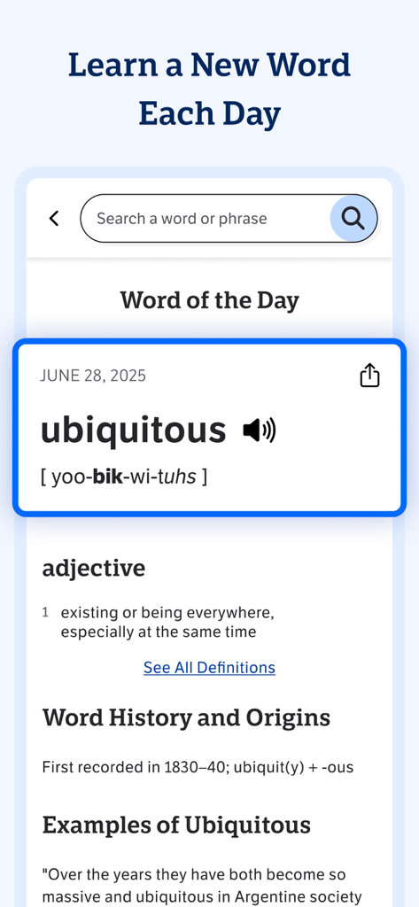 Dictionary.comモバイルアプリのインターフェース。今日の単語「ubiquitous」と、その定義、発音が表示されています。