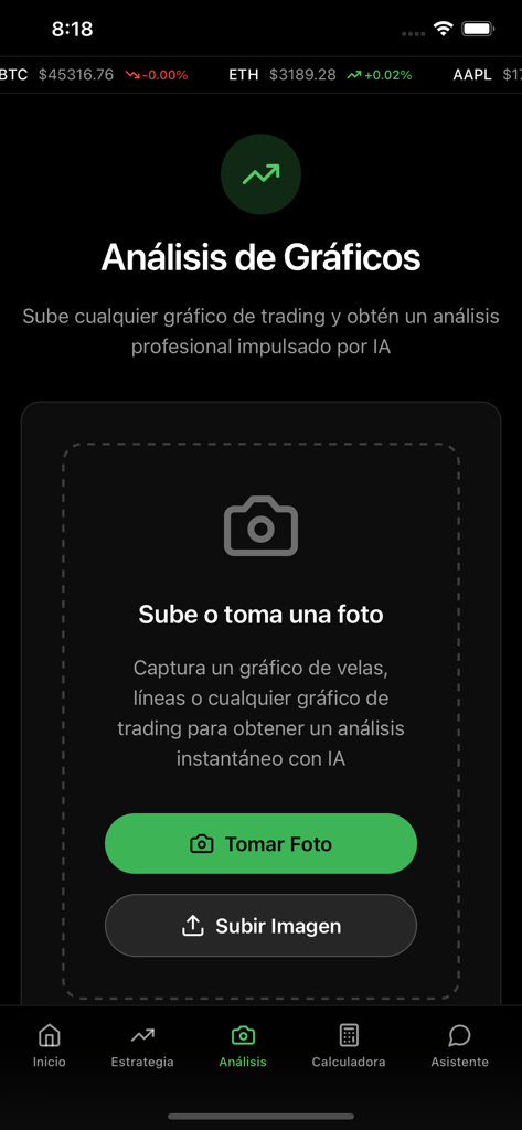 Tradeando - Interfaz de la aplicación Tradeando para análisis de gráficos de trading impulsado por IA con opciones de carga de fotos
