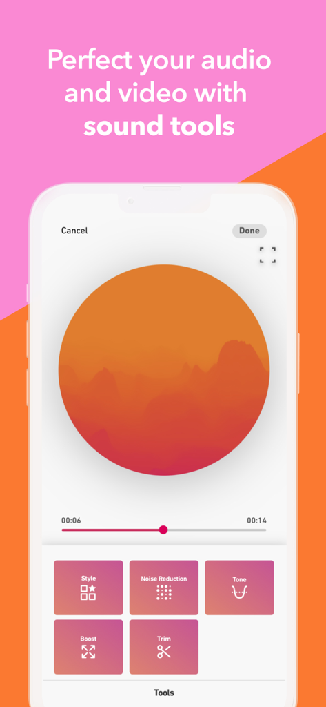 Interface of the Dolby On app showing various sound editing tools like style, noise reduction, and tone.