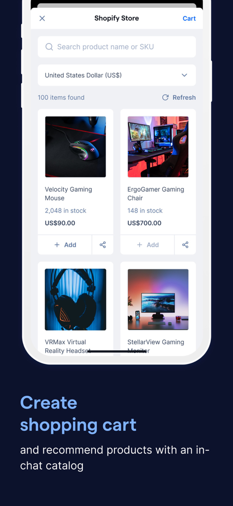 SleekFlow app interface showing a Shopify product catalog to create a shopping cart in chat.