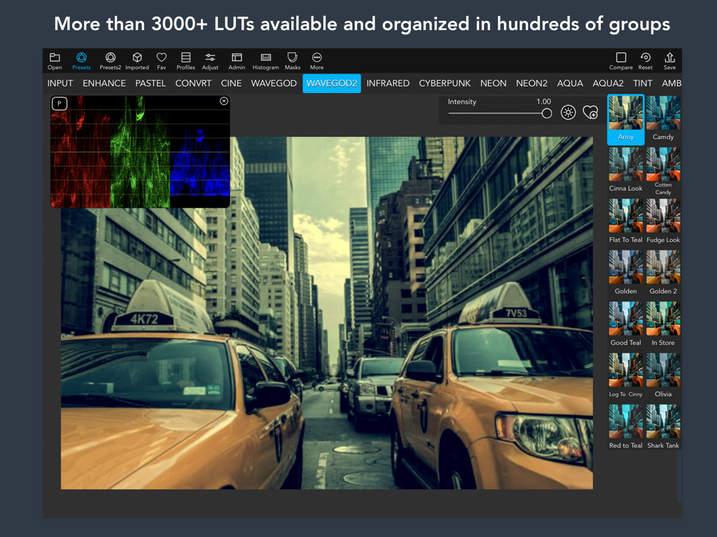 VideoLUT - Color Grade Editor - iPad上のVideoLUTアプリインターフェース。映像エディター向けのシネマティック・カラーグレーディング・プリセットとプロ仕様のヒストグラムツールを表示