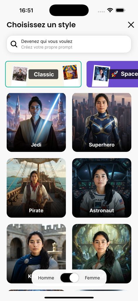 Photobooth AI - Pantalla de la aplicación Photobooth AI mostrando una selección de estilos de retrato que incluyen Jedi Superhéroe y Astronauta