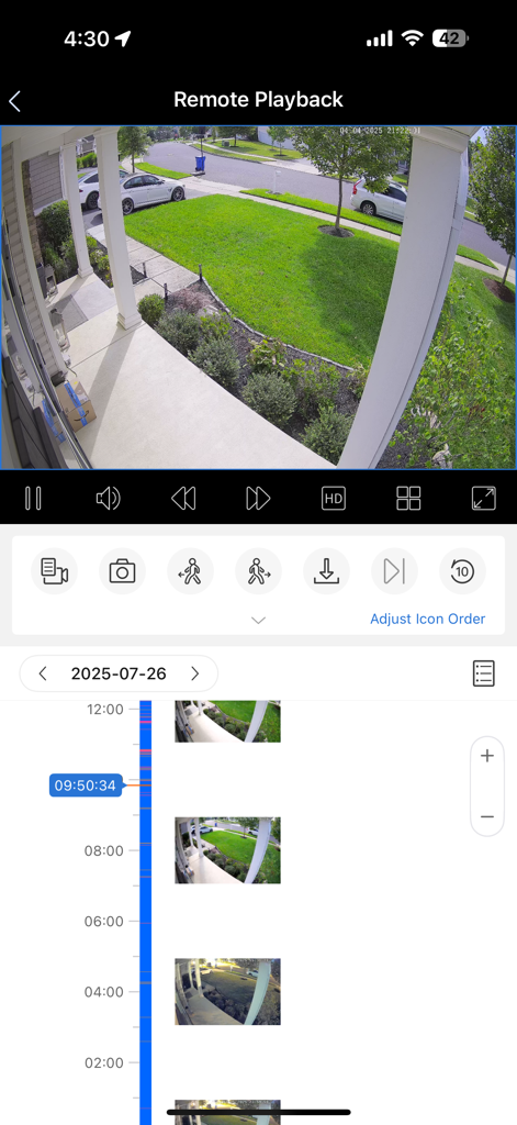 Luma View app remote playback interface showing a security camera feed and recorded events timeline