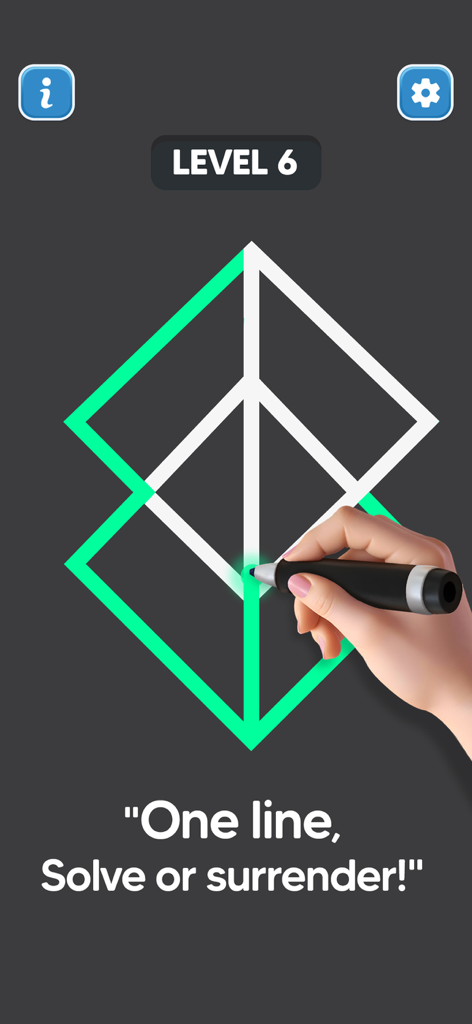 A hand tracing a geometric shape with a continuous green line in the Line Drawing No Lift Puzzle game