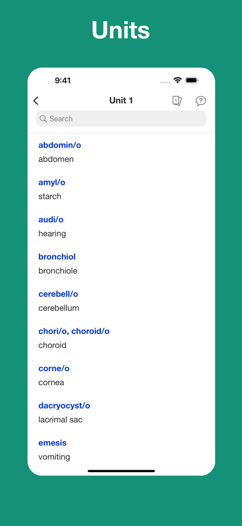 Liste der medizinischen Wurzeln und ihrer Definitionen in der App für medizinische Terminologie.