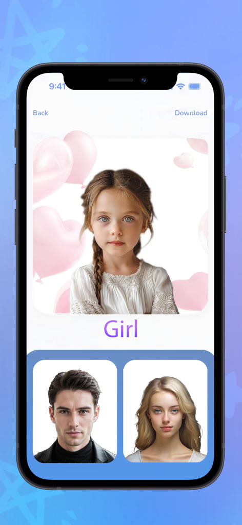 Interfaz de aplicación móvil mostrando una niña generada por IA a partir de fotos de dos padres