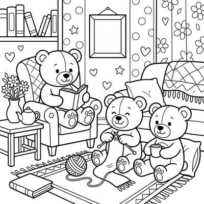 Delight in this heartwarming coloring page featuring adorable teddy bears enjoying a peaceful day at home. Designed with large, clear outlines, it offers a wonderfully relaxing and accessible creative activity perfect for seniors.