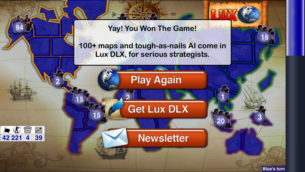 Lux Touch 3 - World Domination - Victory screen in Lux Touch 3 showing a conquered world map and game options