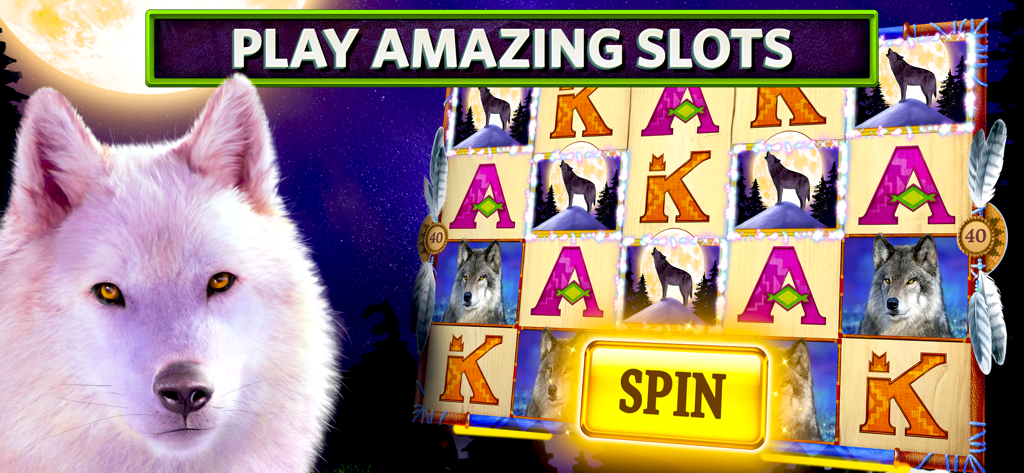 Interfaccia di slot machine a tema lupo dal gioco Slots on Tour con una mascotte di lupo bianco