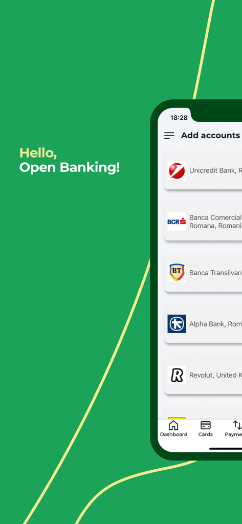 CEC Bank Mobile Banking screen showing the Open Banking feature to add accounts from other Romanian banks