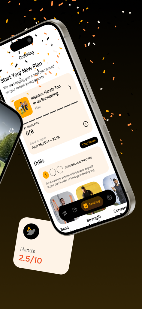 Mustard Golf app interface displaying a personalized swing coaching plan and daily golf drills