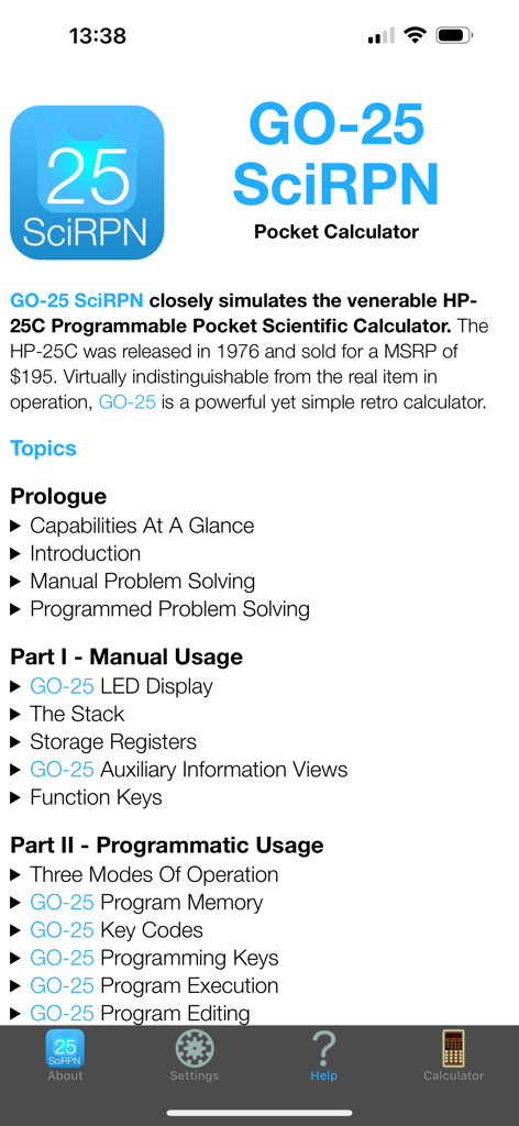 Menu d'aide et sujets pour l'application de calculatrice de poche GO-25 SciRPN.