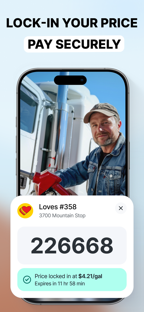 10-4 by WEX - A truck driver fueling his truck with the 10-4 by WEX app displaying a secure fuel code and locked-in diesel price