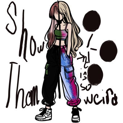 girl in baggy pants crop top and long hair