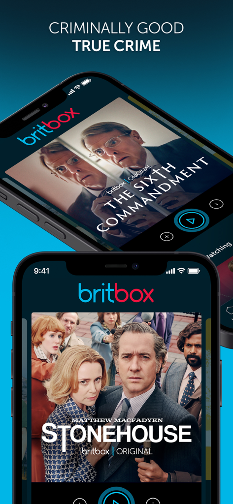 BritBox: The Best British TV - Stonehouse와 The Sixth Commandment와 같은 실제 범죄 오리지널 시리즈를 표시하는 BritBox 모바일 앱 인터페이스