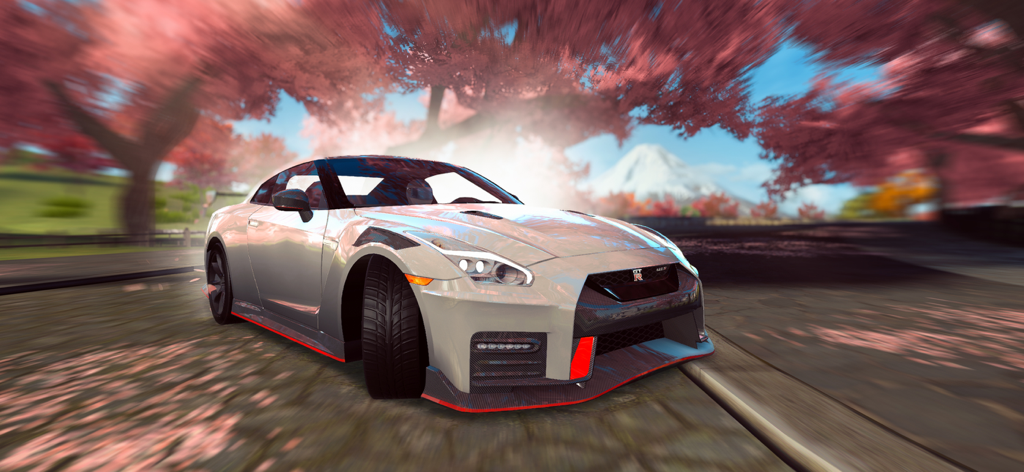 Race Max Pro - Car Racing Game - Un Nissan GT-R blanco derrapando entre cerezos en flor con el Monte Fuji de fondo.