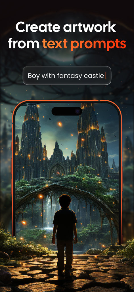 JGGL: AI Generated Images - A smartphone screen displaying the JGGL app creating an AI artwork of a boy facing a fantasy castle from a text prompt