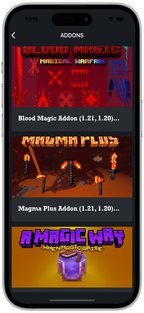 MCPE ADDONS FOR MINECRAFT PE + - List of popular Minecraft PE addons including Blood Magic and Magma Plus mods