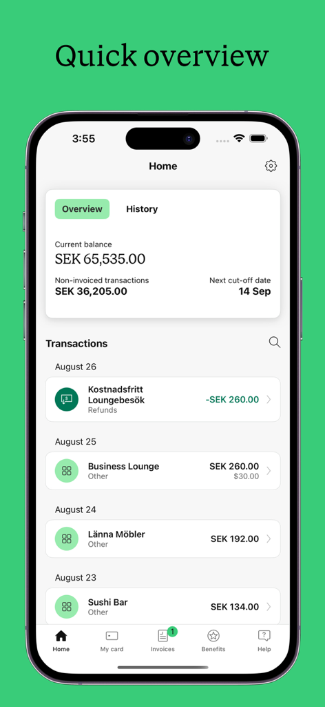 AirPlus Corporate 앱 대시보드에 현재 잔액 및 최근 비즈니스 거래가 표시됨