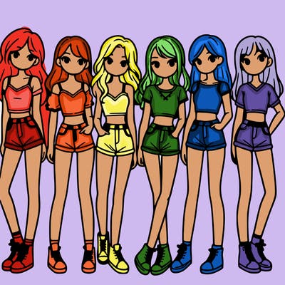 a group of girls wearing crop tops and shorts