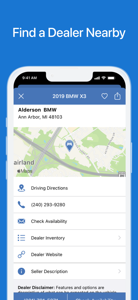CARFAX - New & Used Cars - CARFAX app screenshot showing dealership location details on a map with options for driving directions and checking vehicle availability