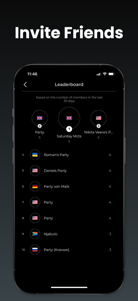 Flash Beats app leaderboard screen showing top ranked parties and member counts