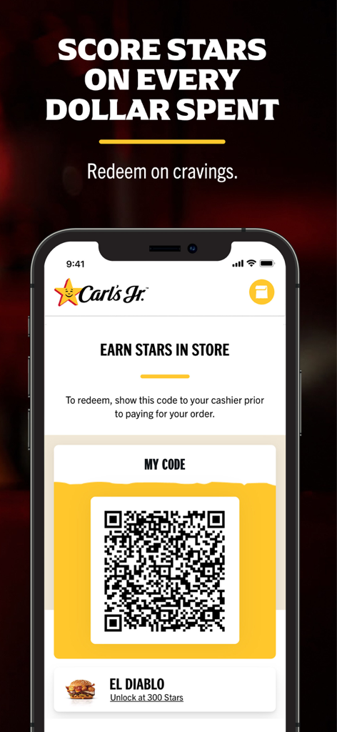Carl's Jr. mobile app showing a QR code to earn stars and redeem rewards in-store.